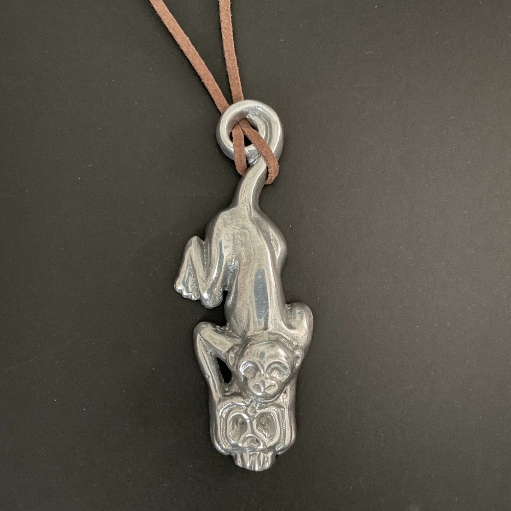 Monkey Holding Skull Pewter Necklace